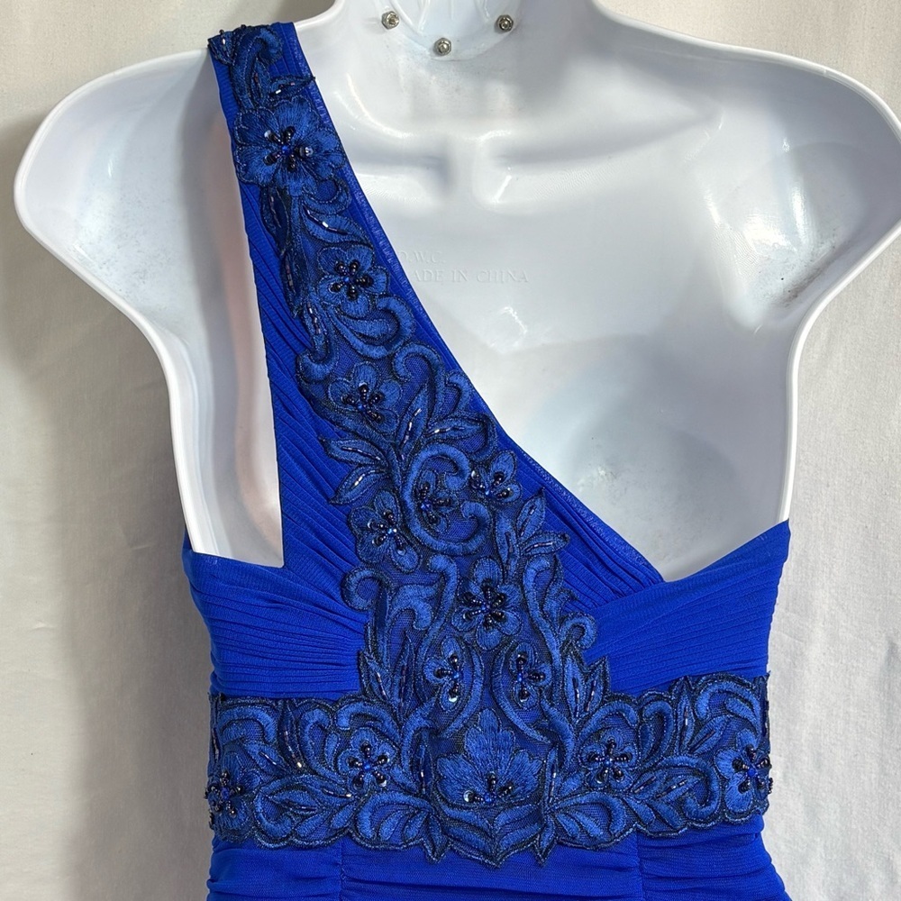 Sue Wong Blue One Shoulder Beaded Cocktail Dress Size 2 Ruched Bodycon - Picture 7 of 12